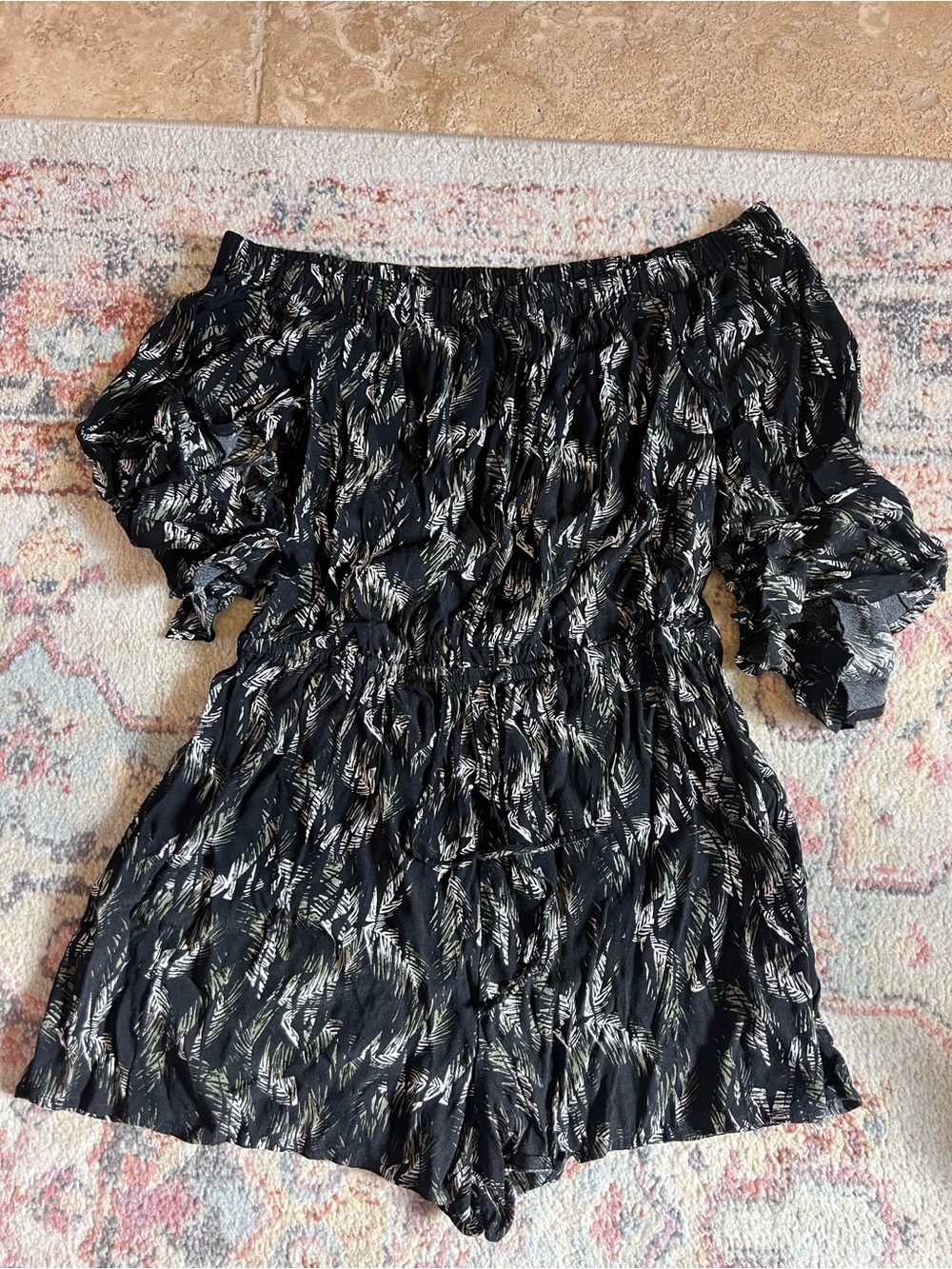 Express Black and Cream Feather Print off shoulder romper